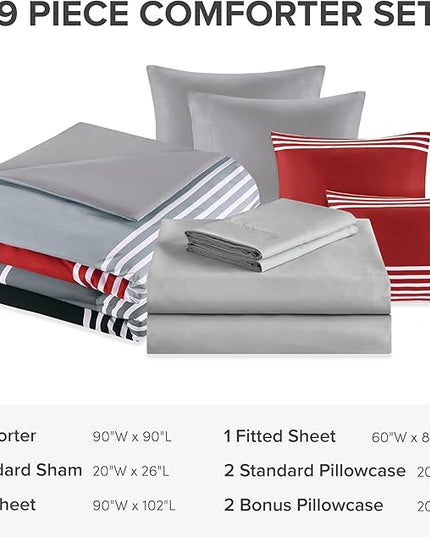 Comfort Spaces Queen Comforter Sets with Sheets - Bed in a Bag 9 Pieces Teen Bedding Sets Queen, Red and Grey Stripes Bedding Queen, College Queen Bed Set with 2 Side Pockets Bedroom Organizer - LeafyLoom