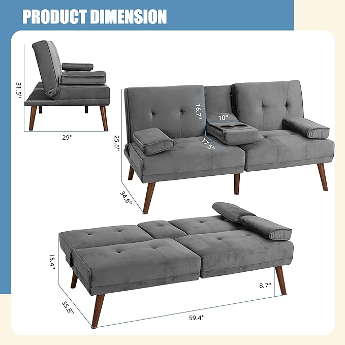Shintenchi Futon Sofa Bed, Convertible Couch Bed Loveseat, Modern Futon Recliner Sleeper, Small Lazy Futon Set for Living Room, Office, Apartment, Light Gray - LeafyLoom