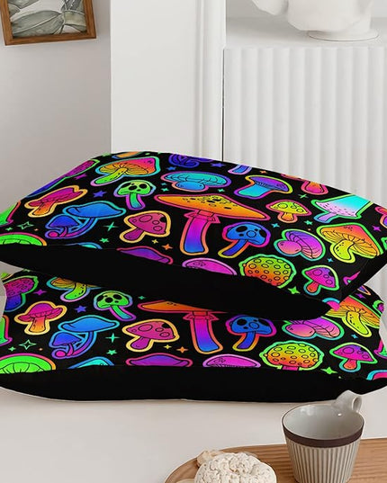 Mushroom Comforter Set Kids Bedding Set Full,3Pcs Colorful Soft Black Gradient Mushroom Quilt Set Bed in A Bag with 1 Comforter 2 Pillowcases for Kids Boys Girls Teens Adults Room Decor All Season - LeafyLoom