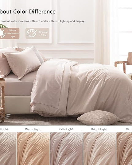 UNILIBRA Queen Comforter Set 7 Pieces Bed in a Bag - Taupe Queen Soft Bed Set for All Seasons - Cationic Dyeing Bedding Comforter Sets with Comforter, Flat Sheet, Fitted Sheet, Pillowcases & Shams - LeafyLoom