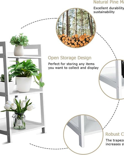ECOMEX 3-Tier Ladder Shelf Modern Style Shelf, Ladder Bookshelf Open Storage Rack Wood Ladder Shelf with Solid Pine Frame, Freestanding Ladder Shelves for Home Office, Bedroom (White) - LeafyLoom