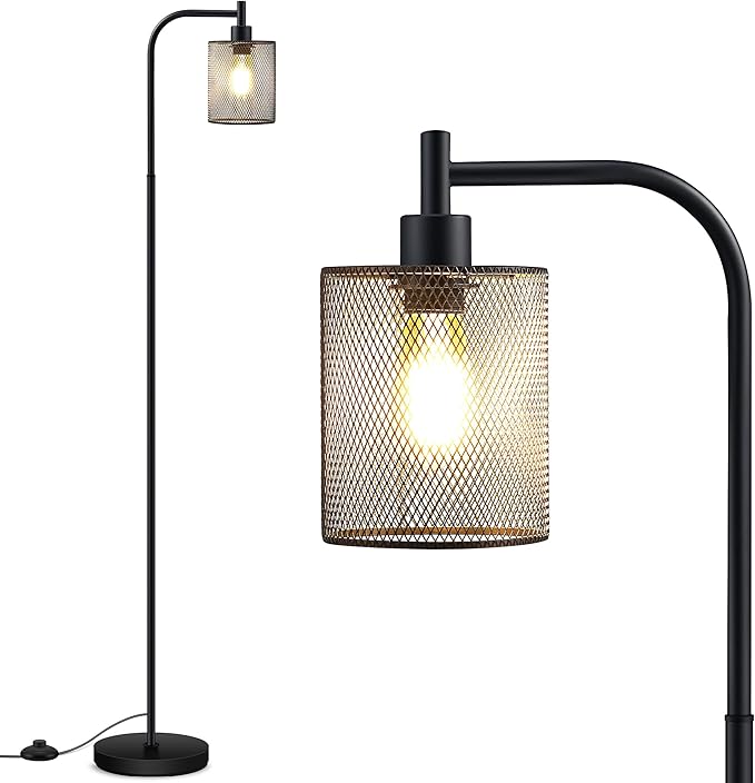 BoostArea Industrial Floor Lamp, Standing Lamp with Hanging Iron Mesh Lamp Shade, 6W LED Bulb, Whole Metal Farmhouse Floor Lamp with Foot Switch, Rustic Floor Lamps for Living Room Bedroom, Black - LeafyLoom