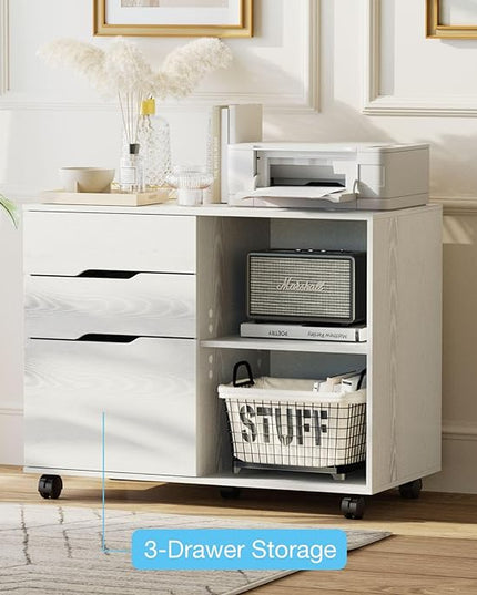 OLIXIS 3 Drawer File Cabinet Lateral Printer Stand with Adjustable Storage Shelves for Home Office Small Space, White - LeafyLoom