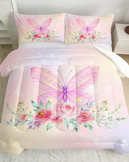 CVHOUSE Butterfly Comforter Set,Floral Butterfly Bedding Set for Girls Kids Teens,Flower Butterflies Comforter Butterflies Duvet Set Room Decor Quilt Set Twin Size - LeafyLoom