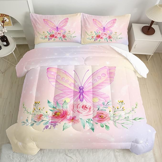 CVHOUSE Butterfly Comforter Set,Floral Butterfly Bedding Set for Girls Kids Teens,Flower Butterflies Comforter Butterflies Duvet Set Room Decor Quilt Set Twin Size - LeafyLoom