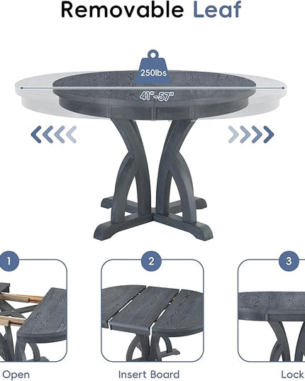 Farmhouse Round Pedestal 15.8" Removable Leaf, Extendable Kitchen w/Ladder Back Chairs, for Small Places, Room, 5 Piece Dining Table Set, Black 4 - LeafyLoom