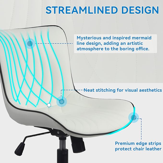 YOUNIKE Office Chair, Armless Desk Chair with Wheels, Home Office Computer Task Chairs, Modern Faux Leather Upholstered Vanity Chair, Adjustable Swivel Rocking Office Chair with Back, White - LeafyLoom