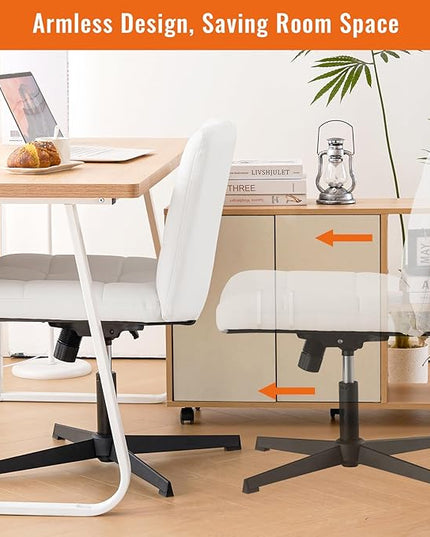 Furniliving Office Desk Chair No Wheels, Criss Cross Legged Office Desk Chair Height Armless Adjustable Wide Home Chair with Mid Back PU-Padded Swivel Accent Vanity Chairs,White - LeafyLoom