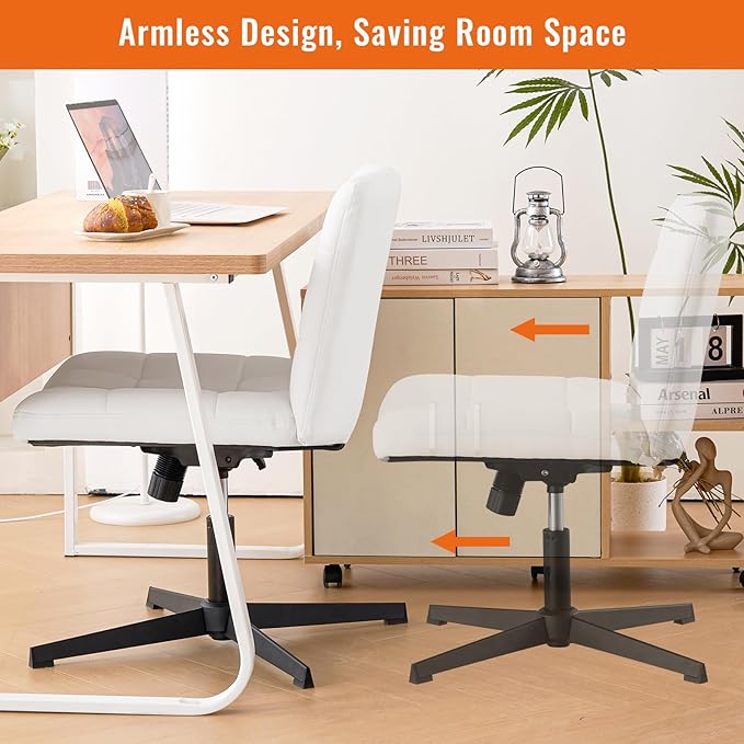 Furniliving Office Desk Chair No Wheels, Criss Cross Legged Office Desk Chair Height Armless Adjustable Wide Home Chair with Mid Back PU-Padded Swivel Accent Vanity Chairs,White - LeafyLoom