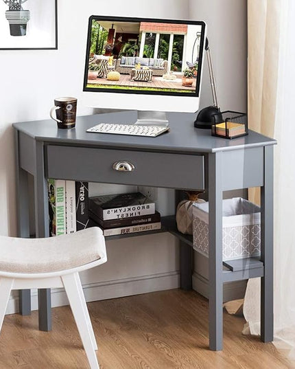 Nightcore Small, Wood Computer Desk, Compact Writing w/Drawer & Storage Shelves, Space Saving Study Workstation, Laptop PC Corner Table, Grey - LeafyLoom