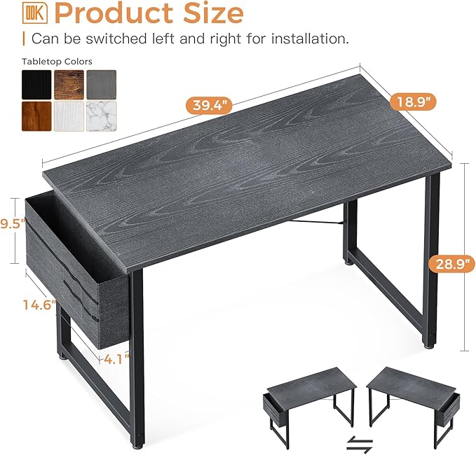 ODK Computer Desk, 40 Inch Small Study Desk, Office Desk with Storage, Work Table with Headphone Hook for Small Space Home Office, Gray - LeafyLoom