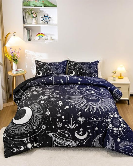 Holawakaka Stars Moon Constellation Print Comforter Set Twin Size Girls Boys Witchy Astrology Zodiac Celestial Bedding Set (Navy Blue,Twin) - LeafyLoom