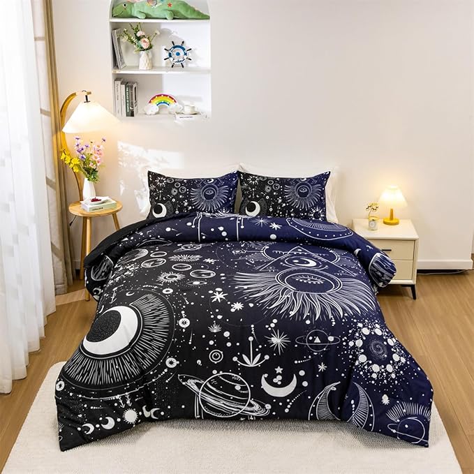 Holawakaka Stars Moon Constellation Print Comforter Set Twin Size Girls Boys Witchy Astrology Zodiac Celestial Bedding Set (Navy Blue,Twin) - LeafyLoom