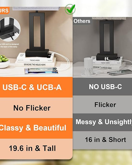 Nightstand Table Lamps for Bedrooms Set of 2 - Touch Bedside Lamp with USB C+A, 3 Way Dimmable Living Room Lamps for End Tables Set of 2, Modern Night Stand Lamps for Bed Side Guest Room(Grey) - LeafyLoom