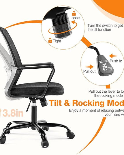 Home Office Chair, Mesh Mid High Back Ergonomic Computer Executive Task Desk with Lumbar Support, Armrest, Rocking Swivel Tilt Function, Wheels, Sponge Seat Cushions for Adult Black - LeafyLoom