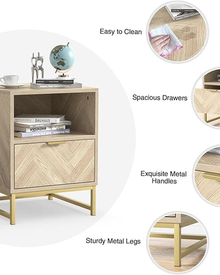 Anmytek Night Stand, Small Side Table, Sturdy Wood Nightstand with Storage Drawer and Shelf, Modern End Table Bedside Table with Polished Gold Handles for Bedroom, Dorm, Small Spaces H0054 - LeafyLoom