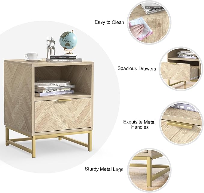Anmytek Night Stand, Small Side Table, Sturdy Wood Nightstand with Storage Drawer and Shelf, Modern End Table Bedside Table with Polished Gold Handles for Bedroom, Dorm, Small Spaces H0054 - LeafyLoom
