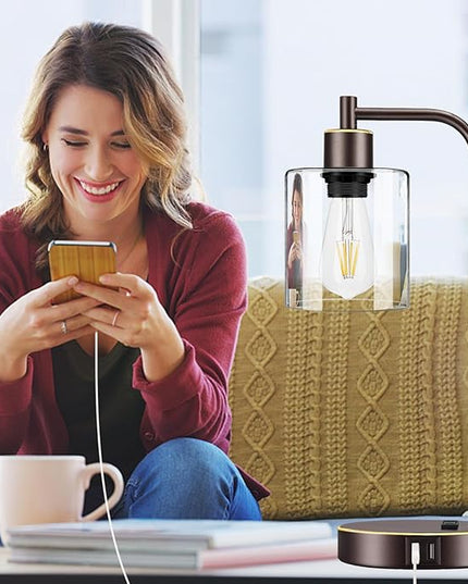 Industrial Touch Table Lamps Set of 2 - Bedside Lamps with 2 USB Ports & AC Outlet, 3-Way Dimmable Nightstand Desk Lamp for Bedroom Living Room, Glass Shade & 2 LED Bulbs Included - Oil-Rubbed Bronze - LeafyLoom