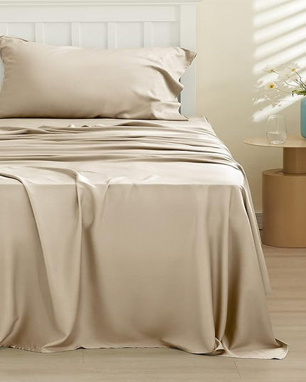 Bedsure Twin Sheets Set, Cooling Sheets Twin Size Bed Set, Rayon Derived from Bamboo, Twin Size Sheets, Breathable & Soft Bed Sheets, Hotel Luxury Silky Bedding Sheets & Pillowcases, Beige - LeafyLoom