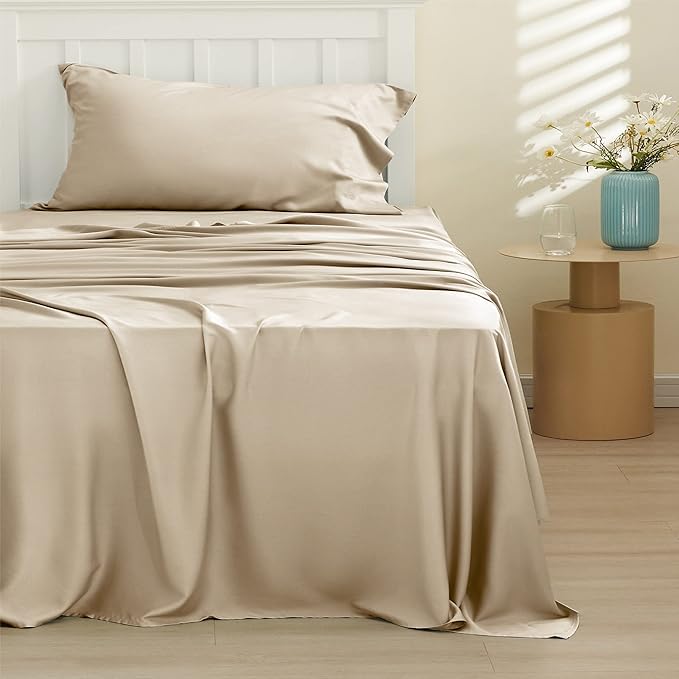 Bedsure Twin Sheets Set, Cooling Sheets Twin Size Bed Set, Rayon Derived from Bamboo, Twin Size Sheets, Breathable & Soft Bed Sheets, Hotel Luxury Silky Bedding Sheets & Pillowcases, Beige - LeafyLoom