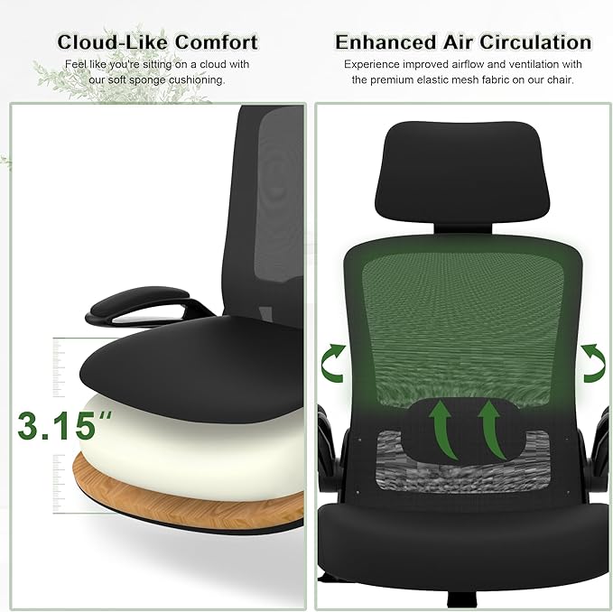 Mimoglad Home Office Chair, Ergonomic Desk Chair with Adjustable Lumbar Support, High Back Computer Chair- Adjustable Headrest with Flip-Up Arms, Swivel Task Chair for Home Office (Black) - LeafyLoom