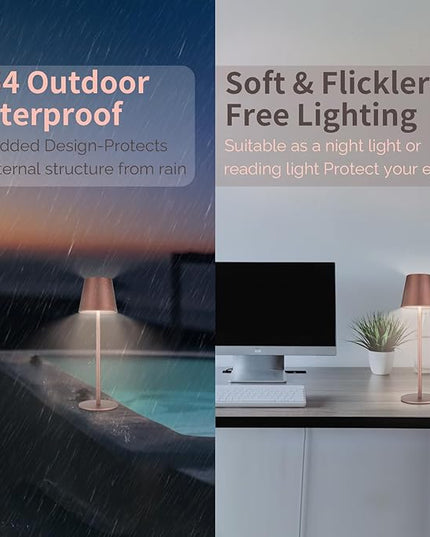 Maksone 2 pack LED Cordless Table Lamp, 6600mWh Rechargeable Battery Desk Lamp, 3000K Stepless Dimming Night Light, IP54 Waterproof Metal Outdoor Portable Lamp for Camping, Restaurant(Brown) - LeafyLoom