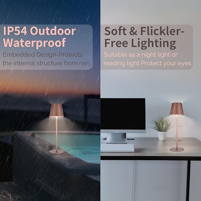 Maksone 2 pack LED Cordless Table Lamp, 6600mWh Rechargeable Battery Desk Lamp, 3000K Stepless Dimming Night Light, IP54 Waterproof Metal Outdoor Portable Lamp for Camping, Restaurant(Brown) - LeafyLoom