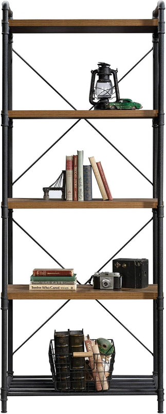 Sauder Iron City Tall Bookcase/book shelf, Checked Oak finish - LeafyLoom