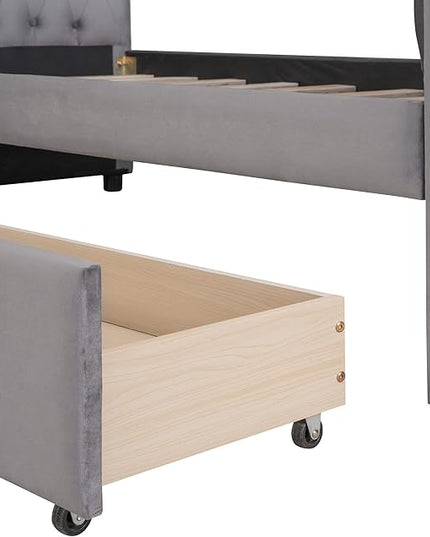 Twin Size Velvet Upholstered Daybed with Trundle and Two Armrests,Storage Wonden Bed Frame,W/Drawer,Wood Slat Support,for Apartment,Bedroom,Living Room,No Box Spring Needed,Gray - LeafyLoom
