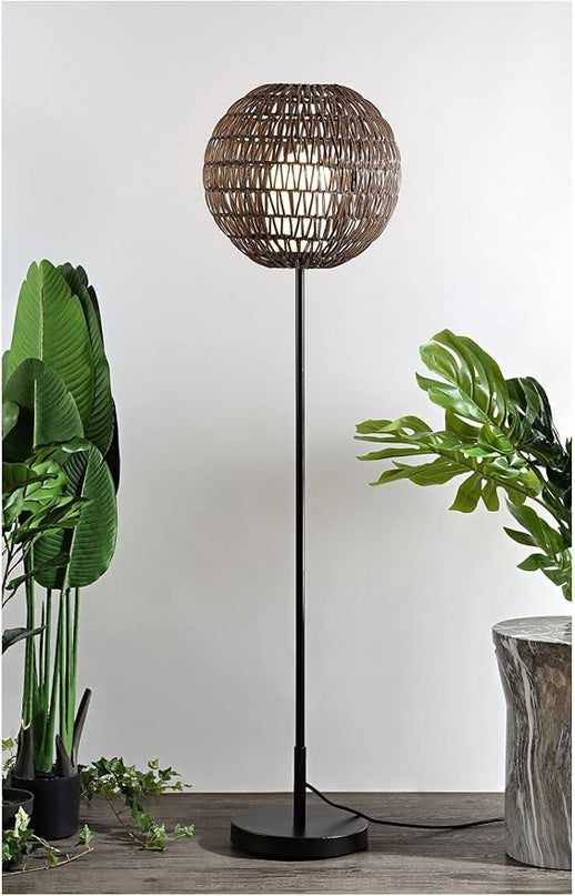 JONATHAN Y JYL6507A Bea 61" Outdoor Woven Globe LED Floor Lamp, Bohemian, Transitional, Scandinavian, Modern, Contemporary, Modern, Office, Bedroom, Living Room, Family Room, Dining Room, Coffee/Black - LeafyLoom