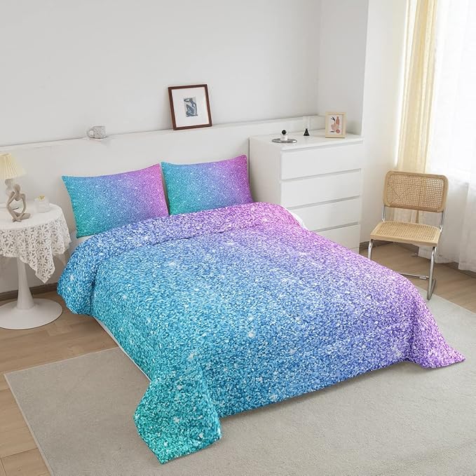 Colorful Glitter Bedding King Girly Turquoise Teal Blue Pink Pastel Girls Comforter Set 3 Pcs Trendy Quilt Duvet for Kid Women Down Comforter with Sparkle Sequin Pattern Bling Bedroom Decor Bed Cover - LeafyLoom