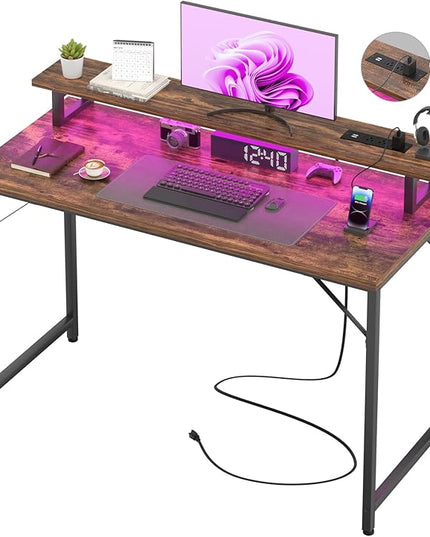 Computer Desk with USB Power Outlets and LED Lights, 47 inch Gaming desk with Monitor Stand for Small Space Home Office, Modern Simple Study Writing Table PC Desks, Rustic Brown - LeafyLoom