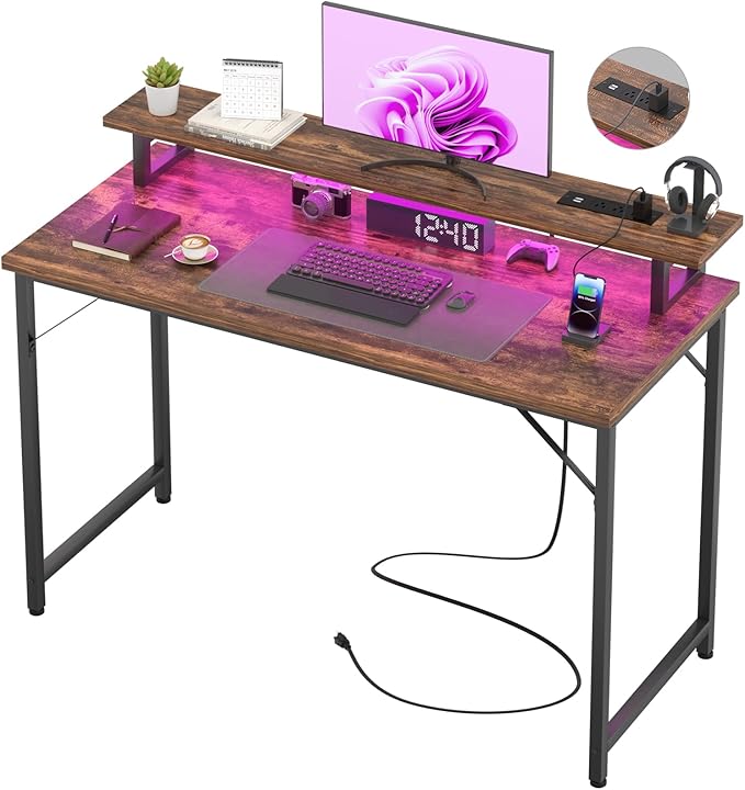 Computer Desk with USB Power Outlets and LED Lights, 47 inch Gaming desk with Monitor Stand for Small Space Home Office, Modern Simple Study Writing Table PC Desks, Rustic Brown - LeafyLoom