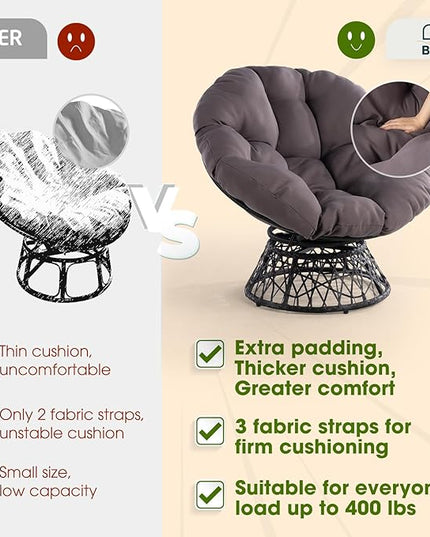 Bme 40" Ergonomic Wicker Papasan Chair with Soft Thick Density Fabric Cushion, High Capacity Steel Frame, 360 Degree Swivel for Living, Bedroom, Reading Room, Lounge, Smoky Quartz - Black Base - LeafyLoom