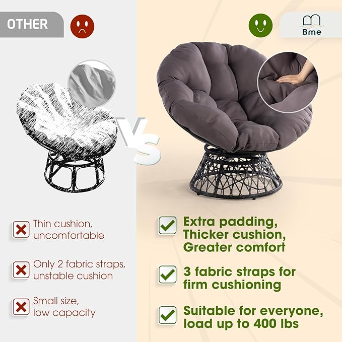 Bme 40" Ergonomic Wicker Papasan Chair with Soft Thick Density Fabric Cushion, High Capacity Steel Frame, 360 Degree Swivel for Living, Bedroom, Reading Room, Lounge, Smoky Quartz - Black Base - LeafyLoom