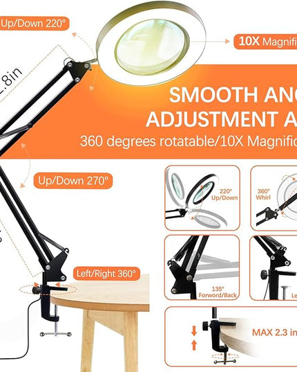 10X Magnifying Glass with Light, Adjustable Swing Arm 72 LEDs Real Glass Lens Magnifier Light,3 Color Modes 10 Stepless Dimmable,Perfect for Daily Reading,Hobbies, Crafts - LeafyLoom