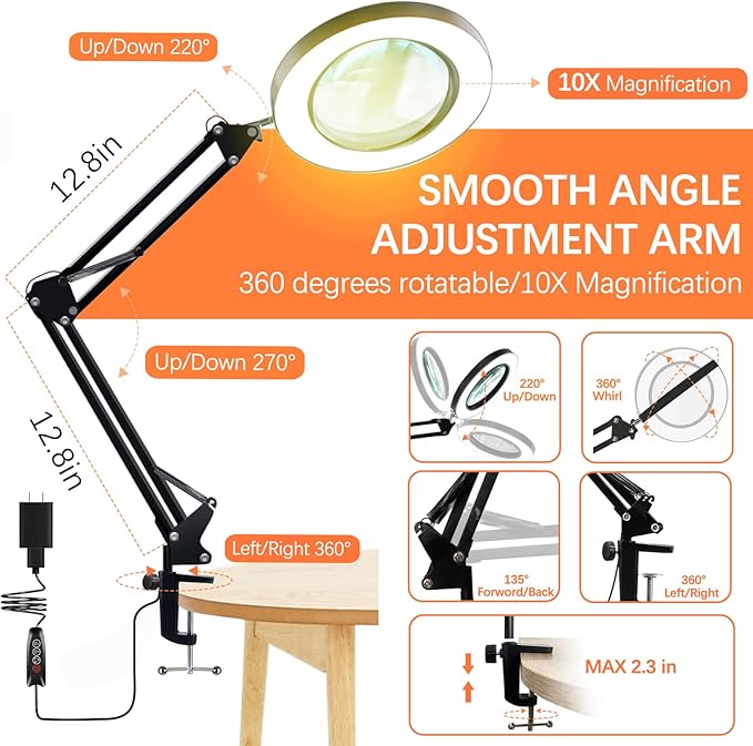 10X Magnifying Glass with Light, Adjustable Swing Arm 72 LEDs Real Glass Lens Magnifier Light,3 Color Modes 10 Stepless Dimmable,Perfect for Daily Reading,Hobbies, Crafts - LeafyLoom