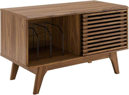 Modway Render Mid-Century Modern Low Profile 59 Inch TV Stand in Walnut & Render Mid-Century Modern 37" Vinyl Record Display Stand in Walnut, 37 Inch - LeafyLoom
