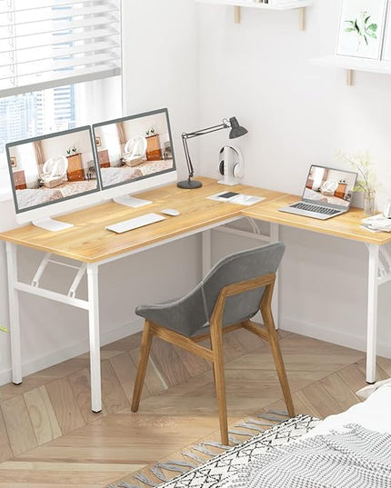 DlandHome Reversible L-Shaped Desk Large Corner Desk Folding Table Computer Desk Home Office Table Computer Workstation, ND11 (Teak + White) - LeafyLoom