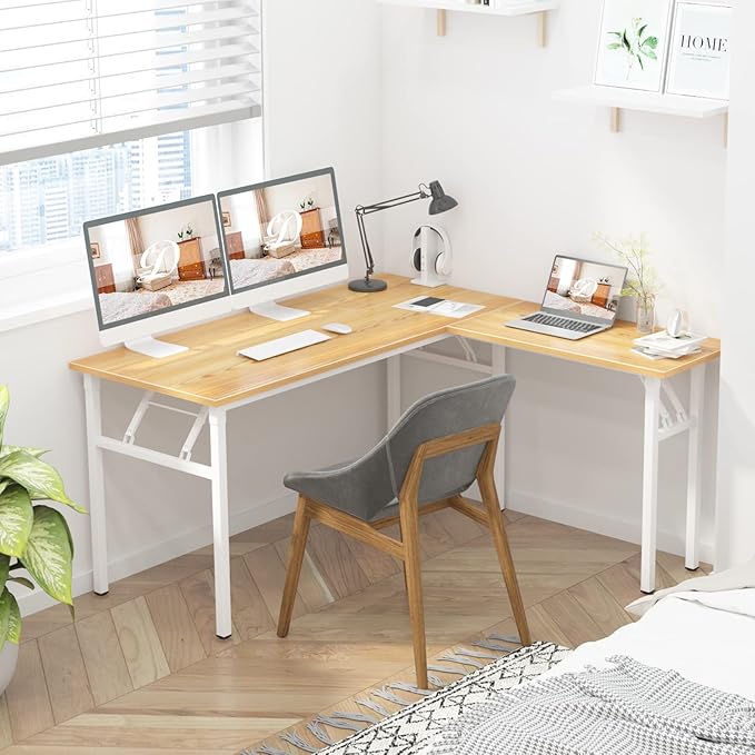 DlandHome Reversible L-Shaped Desk Large Corner Desk Folding Table Computer Desk Home Office Table Computer Workstation, ND11 (Teak + White) - LeafyLoom