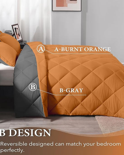 downluxe Queen Comforter Set - Burnt Orange and Grey Queen Comforter, Soft Bedding Sets for All Seasons -3 Pieces - 1 Comforter (88"x92") and 2 Pillow Shams(20"x26") - LeafyLoom