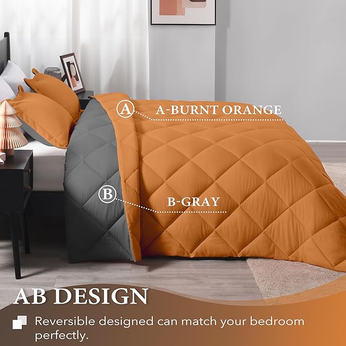 downluxe Queen Comforter Set - Burnt Orange and Grey Queen Comforter, Soft Bedding Sets for All Seasons -3 Pieces - 1 Comforter (88"x92") and 2 Pillow Shams(20"x26") - LeafyLoom
