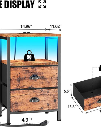 Furologee Nightstand with Charging Station, End Table with LED Lights, Bedside Table with USB Ports & Outlets, Night Stands with 2 Drawers, Side Table for Living Room/Bedroom - LeafyLoom