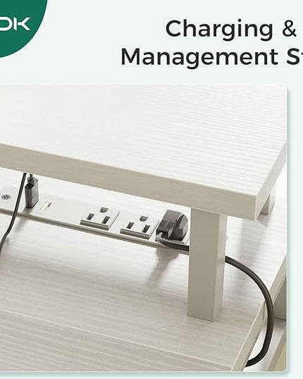 AODK 47 Inch Electric Standing Desk with 3 Drawers, White, Height Adjustable Desk with Power Outlets & LED Lights, Stand Up Desk with Monitor Shelf, Sit Stand Desk Computer Workstation - LeafyLoom