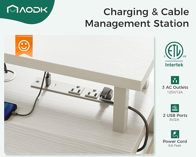 AODK 47 Inch Electric Standing Desk with 3 Drawers, White, Height Adjustable Desk with Power Outlets & LED Lights, Stand Up Desk with Monitor Shelf, Sit Stand Desk Computer Workstation - LeafyLoom
