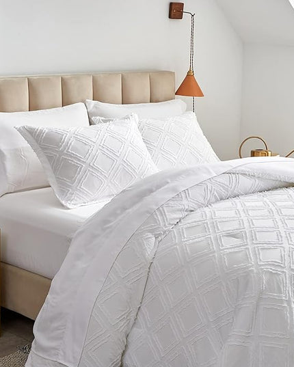 7 Pieces Tufted Bed in a Bag King Comforter Set with Sheets White, Soft and Embroidery Shabby Chic Boho Bohemian, Luxury Solid Color with Diamond Pattern, Jacquard Tufts Bedding Set for All Season - LeafyLoom
