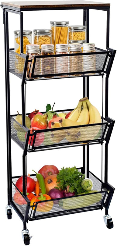 Slim Rolling Storage Cart,4 Tier Kitchen Storage Cart on Wheels,Small Metal Rolling Cart with Wooden Tabletop for Narrow Space in Kitchen,Bathroom,Laundry/Dining/Living Room,Office - LeafyLoom