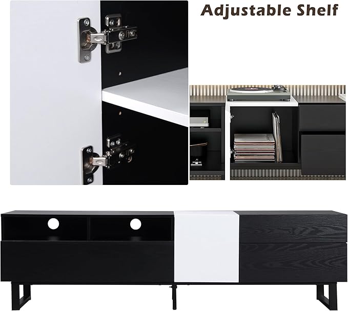 TV Stand with Double Storage Space for TVs up to 80'', Modern TV Console with Drop Down Door, Entertainment Center for Living Room, Bedroom and Home Theatre, Black+White - LeafyLoom
