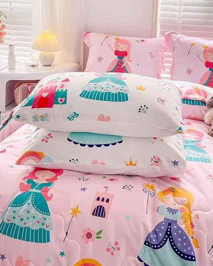 Wajade Kids Pink Princess Comforter Set Bed in a Bag Twin Size 7 Piece Princess Fairy Tales Castle Bedding Set for Girls (1 Comforter, 1 Flat Sheet, 1 Fitted Sheet, 2 Pillowcase and 2 Pillow Sham) - LeafyLoom