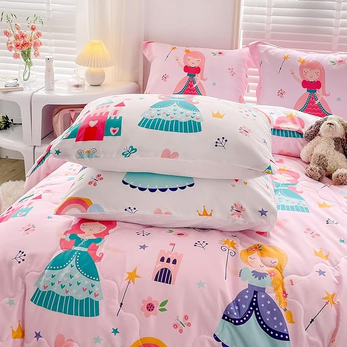Wajade Kids Pink Princess Comforter Set Bed in a Bag Twin Size 7 Piece Princess Fairy Tales Castle Bedding Set for Girls (1 Comforter, 1 Flat Sheet, 1 Fitted Sheet, 2 Pillowcase and 2 Pillow Sham) - LeafyLoom